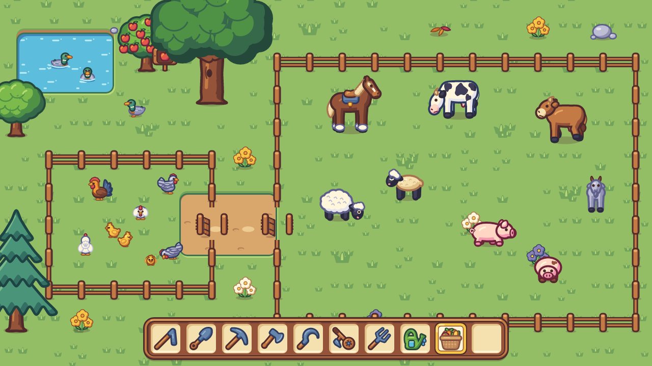 Farm animals: chickens, ducks, cows, horse, sheep, pigs and a goat in fenced pens