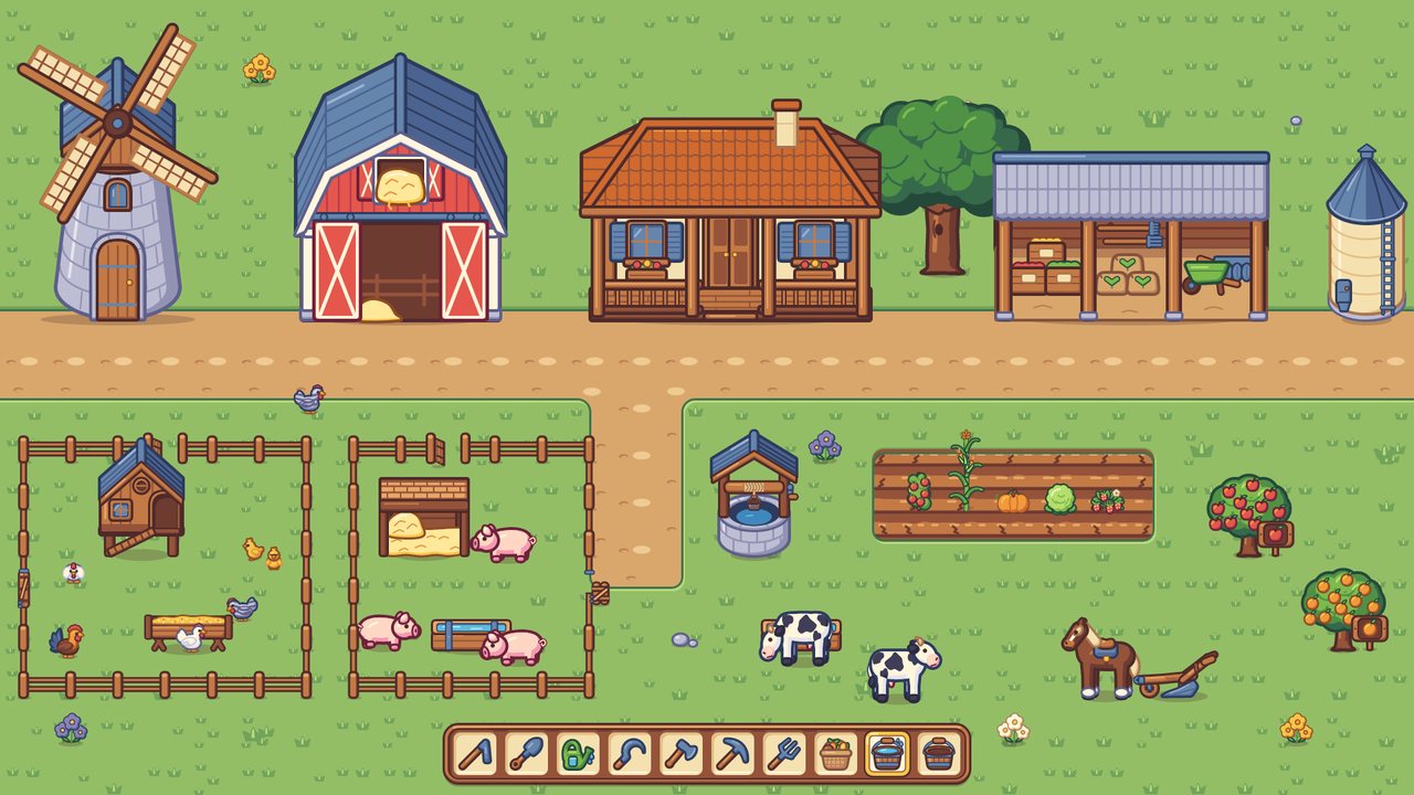 Cocotas Farm scene: windmill, red barn, farmhouse, animal pens, crops and a tool hotbar