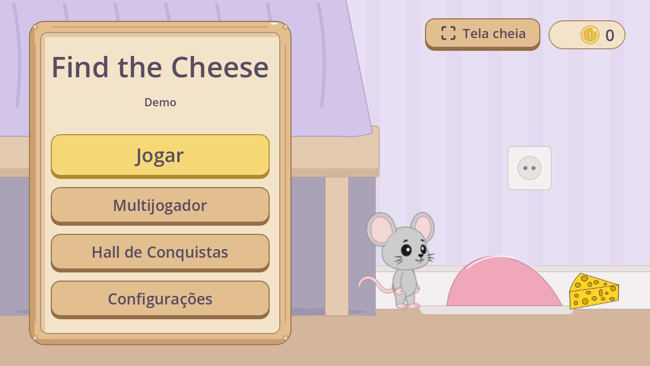 Find the Cheese main menu: a small grey mouse next to a wedge of cheese in a lavender bedroom