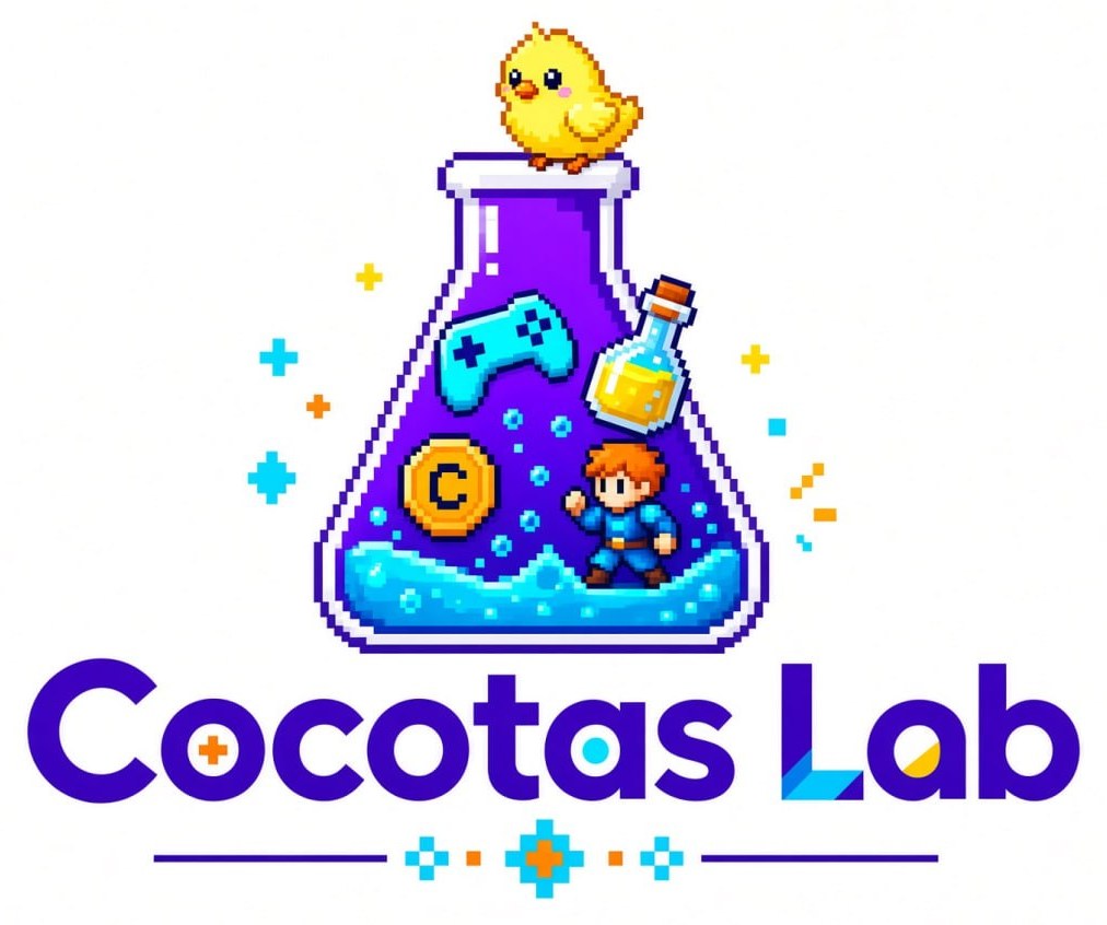 Cocotas Lab logo: a yellow chick on top of a lab flask full of pixel-art gamepads, coins and potions